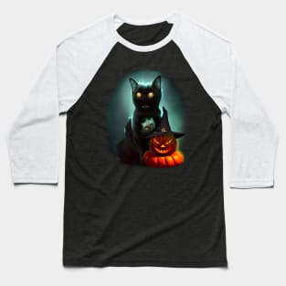 Vampire Cat and Wizard Pumpkin Halloween Surreal Art Baseball T-Shirt